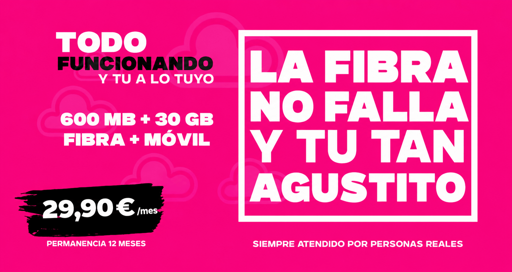 Fibra de 600 Mb y móvil con 30 GB por 29,90 euros al mes. Permanencia de 12 meses. Atención por personas reales.