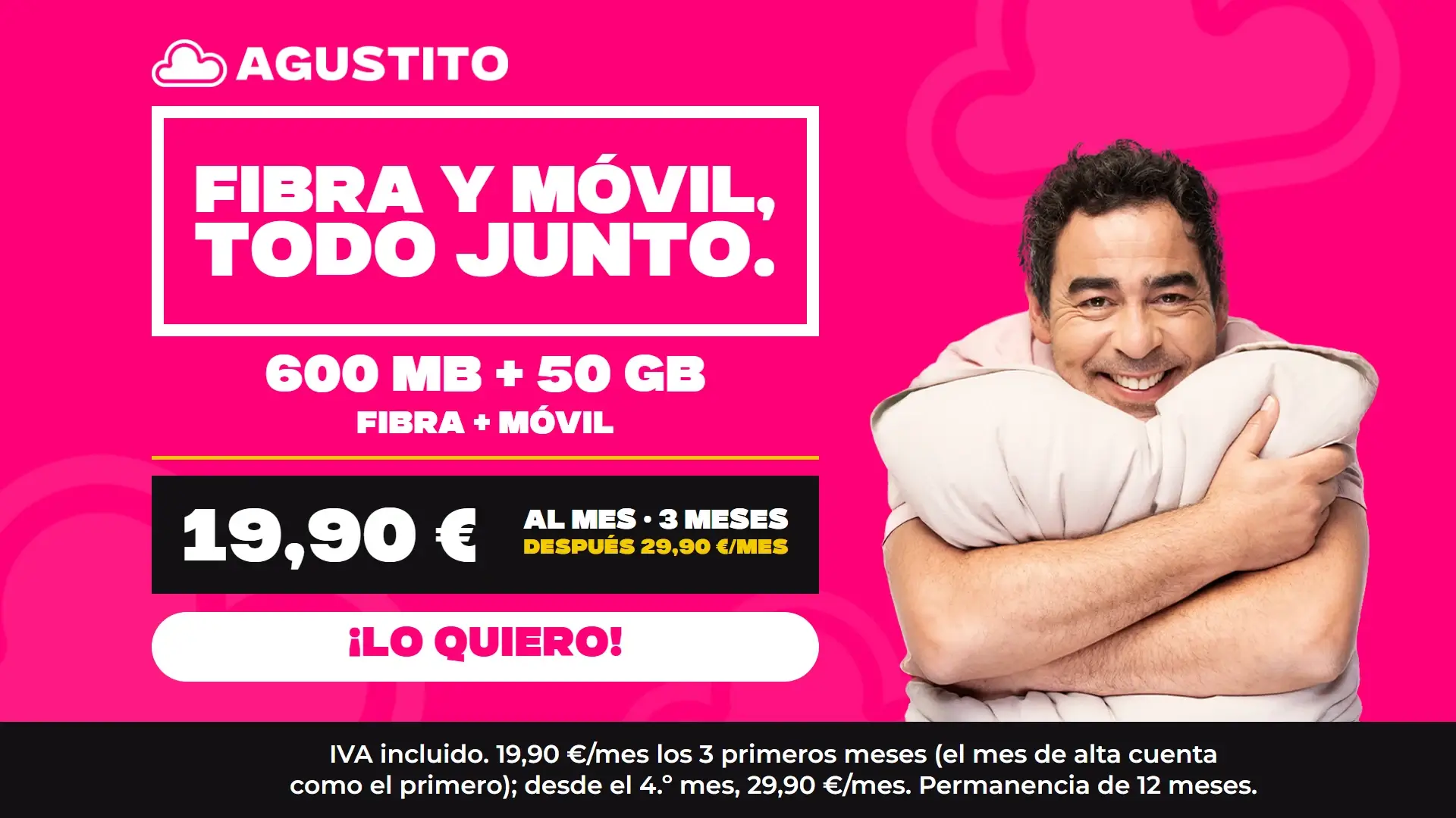 Fibra 600 Mb + móvil 50 GB por 19,90 €/mes los 3 primeros meses (el mes de alta cuenta como el primero), después 29,90 €/mes. IVA incluido. Permanencia 12 meses. Contrátalo.